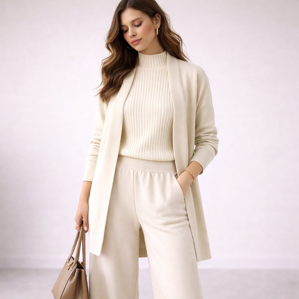 Ensemble Tricoté Femme 3 Pièces Haut Col Montant Pantalon Large Cardigan Long Tenue Casual Bureau - Hiverline