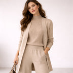 Ensemble Tricoté Femme 3 Pièces Haut Col Montant Pantalon Large Cardigan Long Tenue Casual Bureau - Hiverline