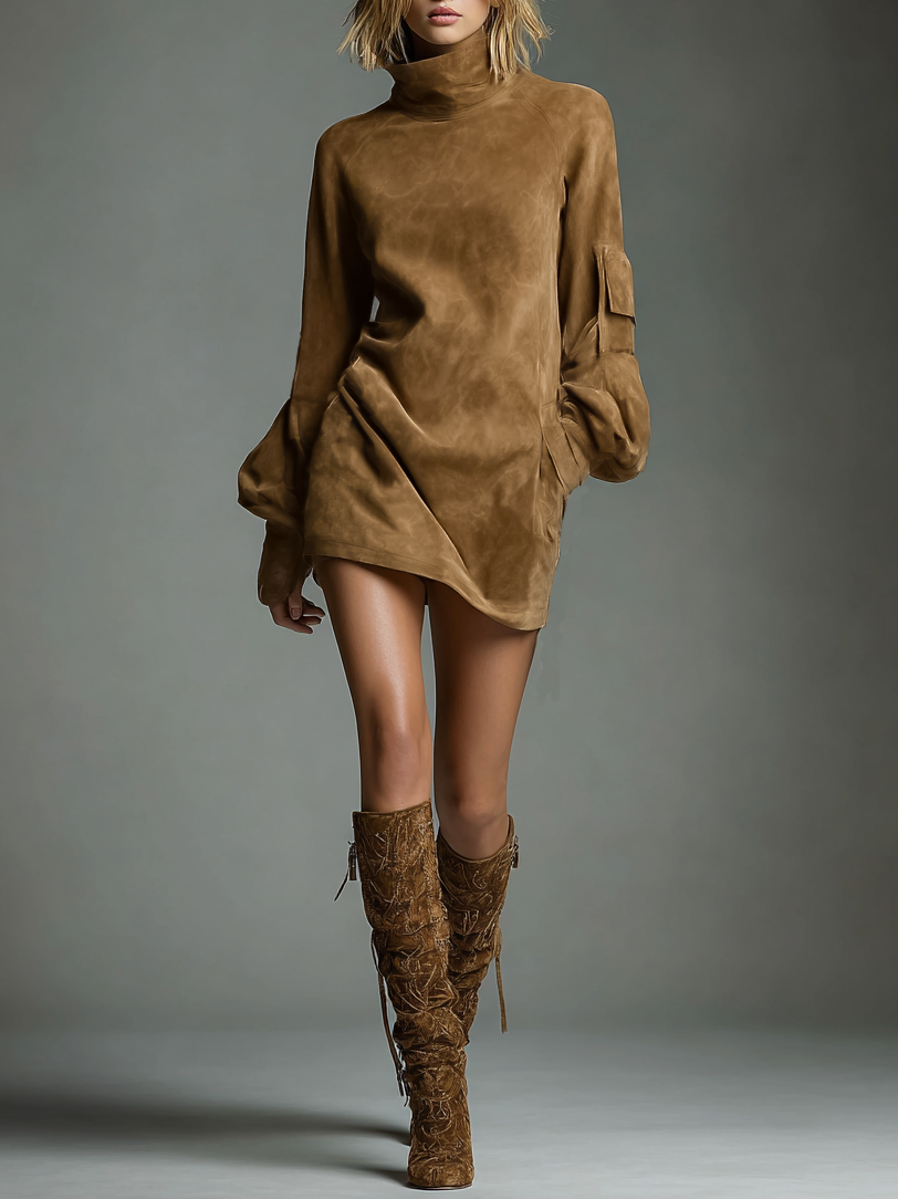 Robe Mini Vintage en Daim pour Femme à Col Roulé à Manches Longues, Coupe Ample, Décontractée, Rétro – Marron