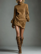 Robe Mini Vintage en Daim pour Femme à Col Roulé à Manches Longues, Coupe Ample, Décontractée, Rétro – Marron