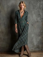 Robe Maxi à Manches Longues en Tartan à Col Revers pour Femmes – Tartan Vert