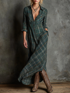 Robe Maxi à Manches Longues en Tartan à Col Revers pour Femmes – Tartan Vert