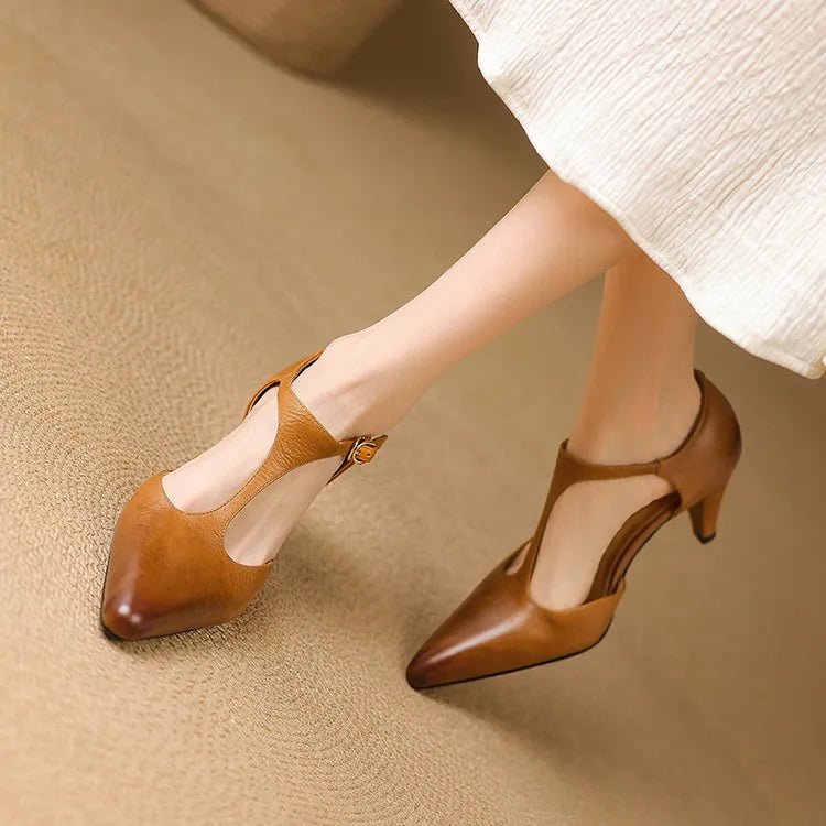 Escarpins Femme Bout Pointu à Bride T Cuir Véritable Talons Hauts Bureau Soirée - Hiverline