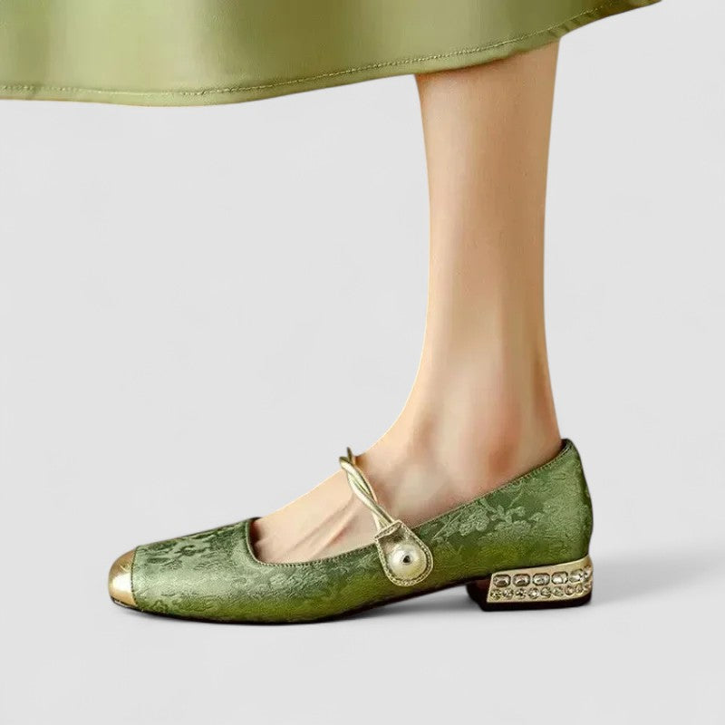 Escarpins Mary Jane Femme à Talon Bloc Basse Sangle Torsadée Dorée Style Vintage Rétro - Hiverline