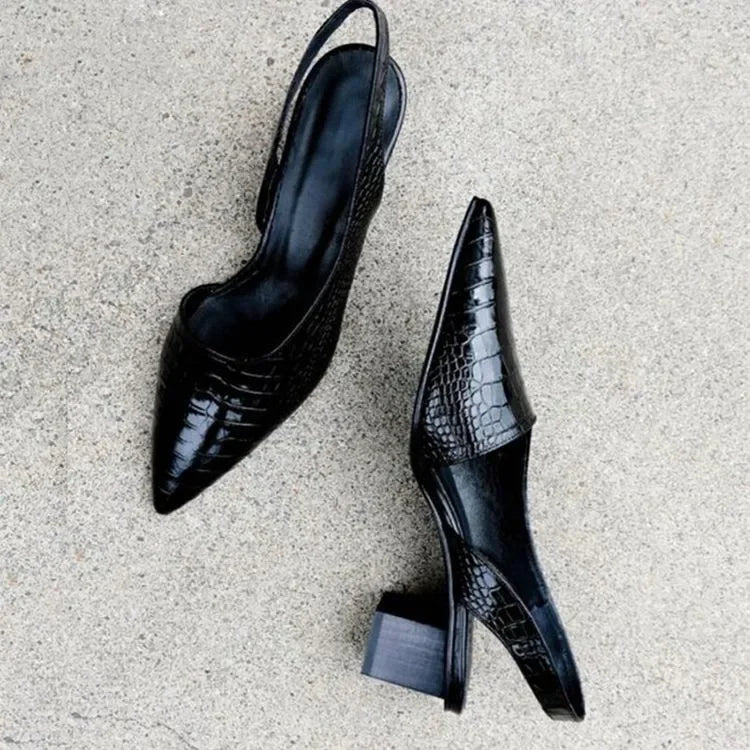Escarpins Slingback Bout Pointu Femme – Talon Bloc Bas Effet Croco Bureau Soirée - Hiverline