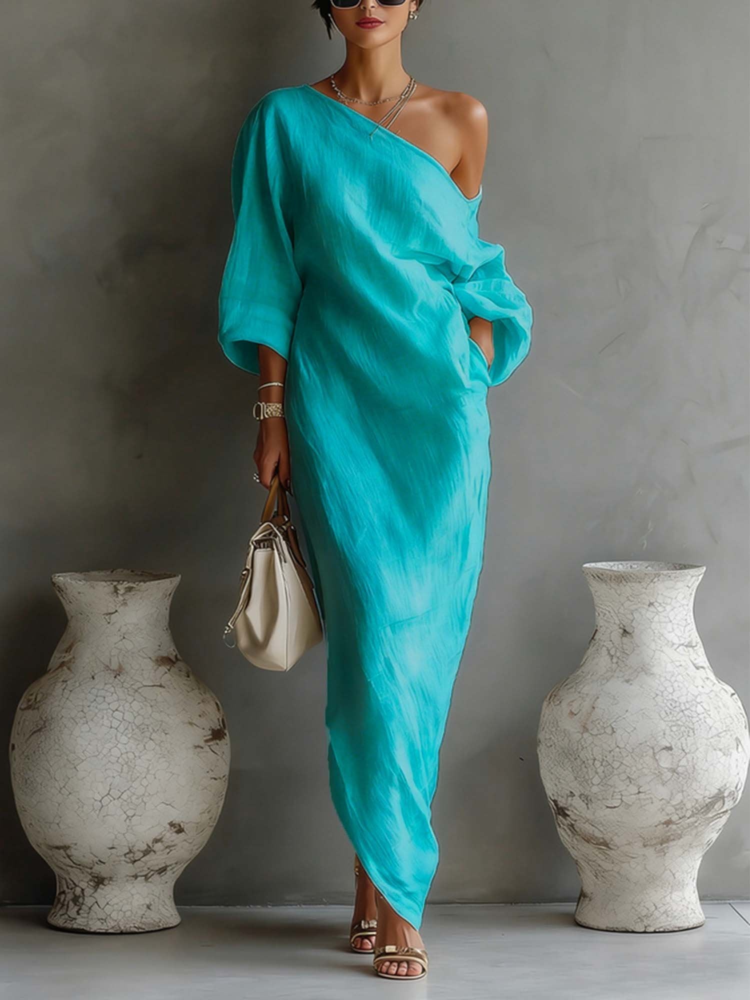 Vestido largo de lino y algodón con mangas abullonadas, silueta casual para mujer, formal, boda, elegante, playa, resort, diario, verano – Solène