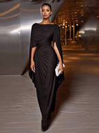 Robe Longue Femme Col Bateau Ajustée Plissée Abdomen Couvert Élégante Soirée Mariage Fête Formelle Cocktail Gala – Bateauline