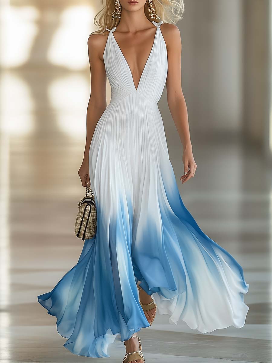 Robe Longue Plissée Élégante pour Femmes en Chiffon avec Décolleté en V pour Formelle, Soirée, Dété, Invitées de Mariage - Dégradé Bleu et Blanc