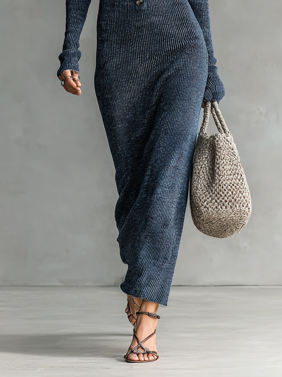 Robe Longue Casual Tricotée à Capuche Slim-Fit pour Femmes à Manches Longues – Marine