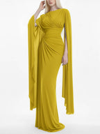Robe Longue Femme Col Bateau Ajustée Plissée Abdomen Couvert Élégante Soirée Mariage Fête Formelle Cocktail Gala – Bateauline