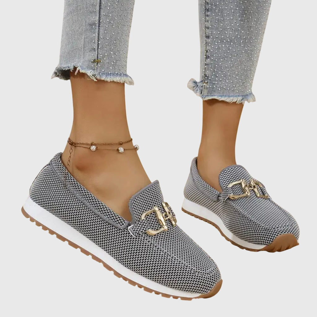 Atmungsaktive orthopädische Mokassins für Damen, zweifarbige goldene Details, leichtes Slip-On – Susana