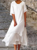 Robe Midi Femme Coton Lin Double Épaisseur Manches Courtes Col Rond Ample Casual Chic Vacances Quotidien – Blancoline
