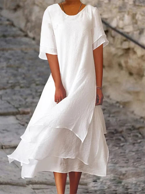 Robe Midi Femme Coton Lin Double Épaisseur Manches Courtes Col Rond Ample Casual Chic Vacances Quotidien – Blancoline