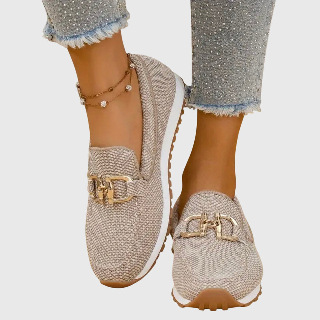 Atmungsaktive orthopädische Mokassins für Damen, zweifarbige goldene Details, leichtes Slip-On – Susana