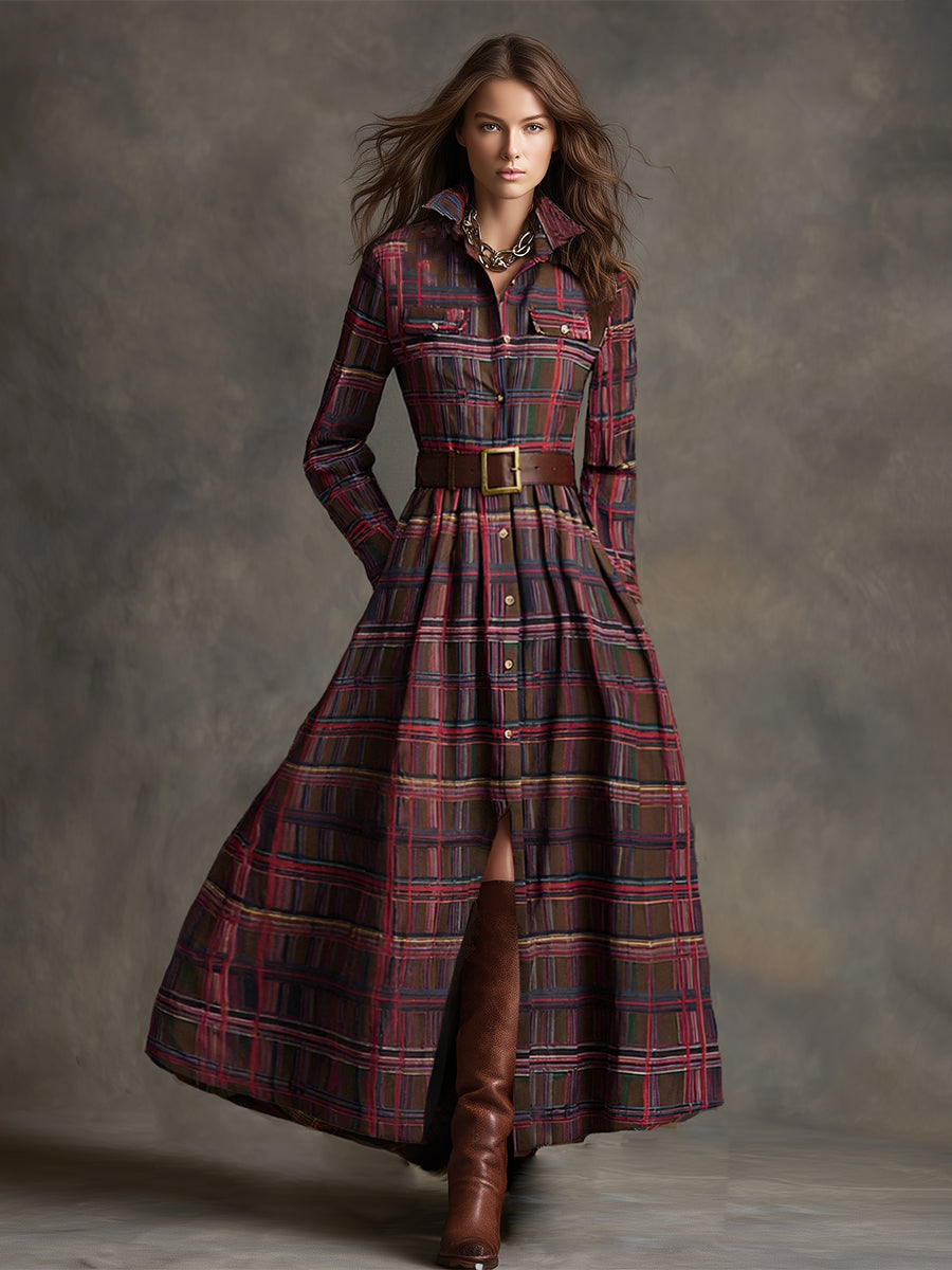 Robe longue décontractée à carreaux ethniques rétro pour femmes avec col, ceinture et manches longues – Marron rougeâtre
