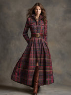 Robe longue décontractée à carreaux ethniques rétro pour femmes avec col, ceinture et manches longues – Marron rougeâtre