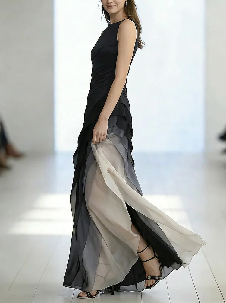Robe Longue Sans Manches en Tulle Patchwork Taille Haute Jupe Éthérée Soirée Formelle Mariage Gala Événement – Bleu Marine et Noir