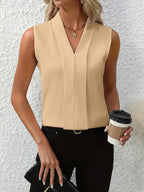 Blusa senza maniche plissé con scollo a V per donne elegante e fluida per lavoro, casual, brunch versatile e chic – Beatrice