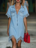 Vintage Short-Sleeve Mini Denim Dress with Fringes for Women, Casual, Summer, Everyday, Beach – Light Blue, Loose Fit