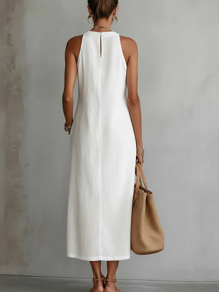 Robe Midi en Lin Minimaliste Rétro Femme Sans Manches Col Haut Détail en Dentelle Décontractée Été Plage Vacances Quotidien – Céleste