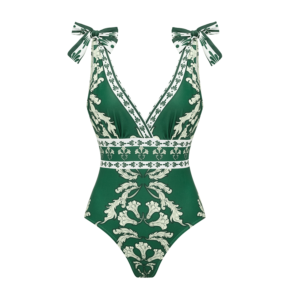 Ensemble Maillot de Bain Une Pièce Col V Lacets Imprimé Floral Vert Jupe Longue Resort Plage Soirée Lune de Miel Vacances – Émeraude