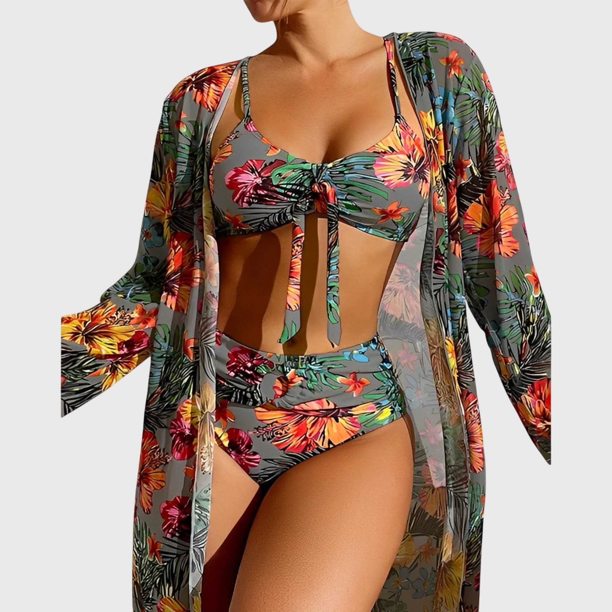 Femme Bikini 3 Pièces Floral Tropical Taille Haute avec Kimono Plage Été - Hiverline