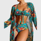Femme Bikini 3 Pièces Floral Tropical Taille Haute avec Kimono Plage Été - Hiverline