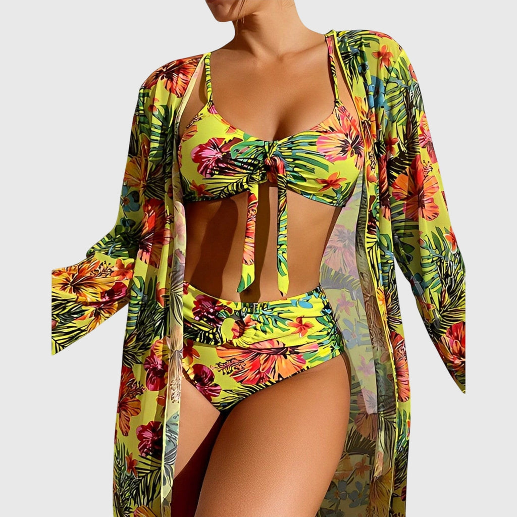 Femme Bikini 3 Pièces Floral Tropical Taille Haute avec Kimono Plage Été - Hiverline