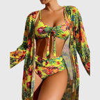 Femme Bikini 3 Pièces Floral Tropical Taille Haute avec Kimono Plage Été - Hiverline