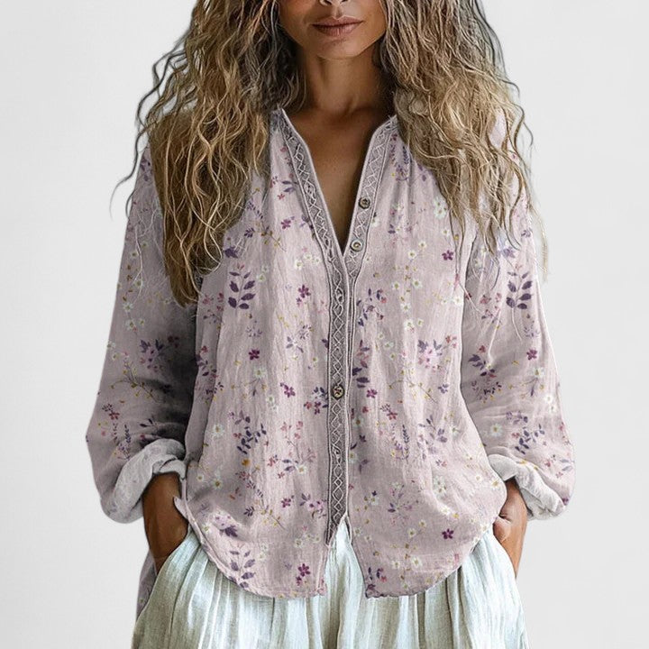 Femme Blouse Bohème Manches Longues Col V Imprimé Libellules Casual - Hiverline