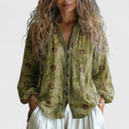 Femme Blouse Bohème Manches Longues Col V Imprimé Libellules Casual - Hiverline