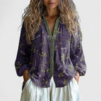 Femme Blouse Bohème Manches Longues Col V Imprimé Libellules Casual - Hiverline
