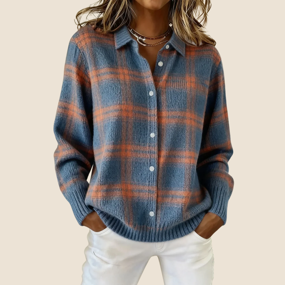 Femme Cardigan à Carreaux Rétro Tricoté Col Chemise Boutons Automne Hiver - Hiverline