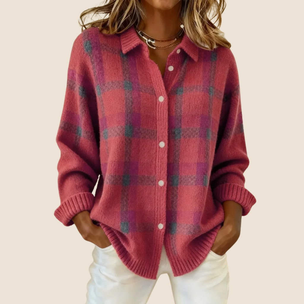 Femme Cardigan à Carreaux Rétro Tricoté Col Chemise Boutons Automne Hiver - Hiverline