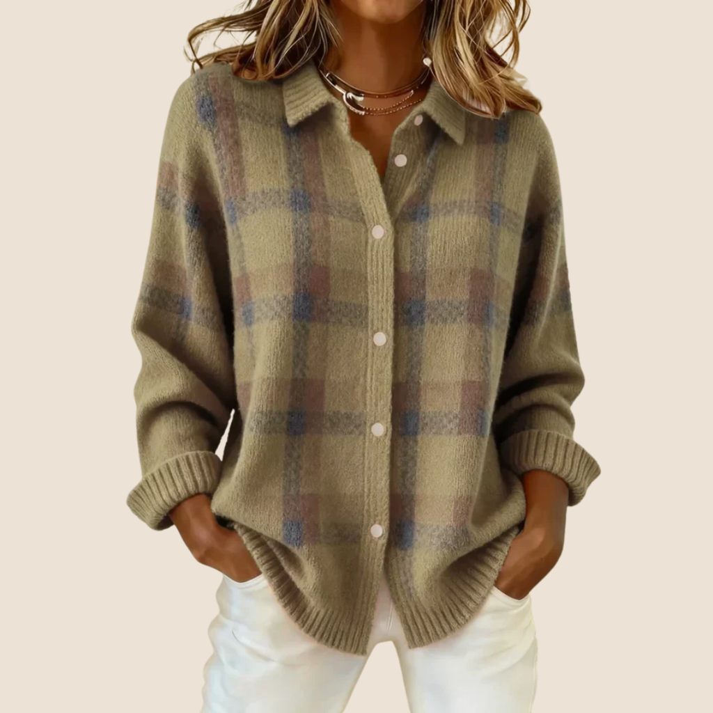 Femme Cardigan à Carreaux Rétro Tricoté Col Chemise Boutons Automne Hiver - Hiverline