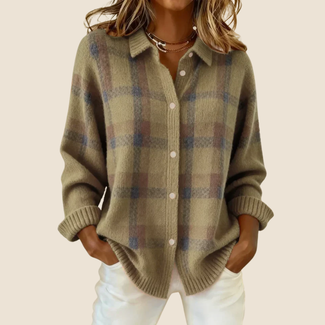 Femme Cardigan à Carreaux Rétro Tricoté Col Chemise Boutons Automne Hiver - Hiverline