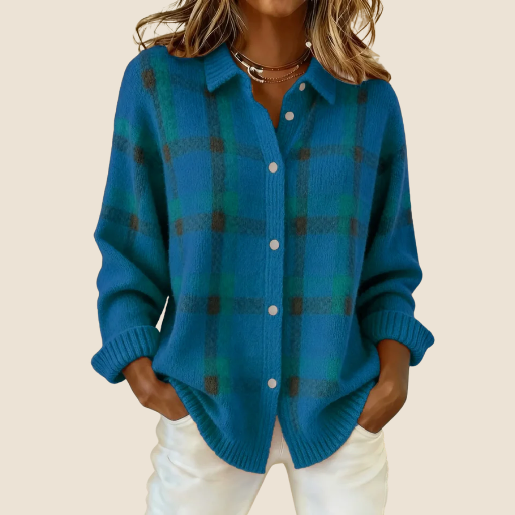Femme Cardigan à Carreaux Rétro Tricoté Col Chemise Boutons Automne Hiver - Hiverline