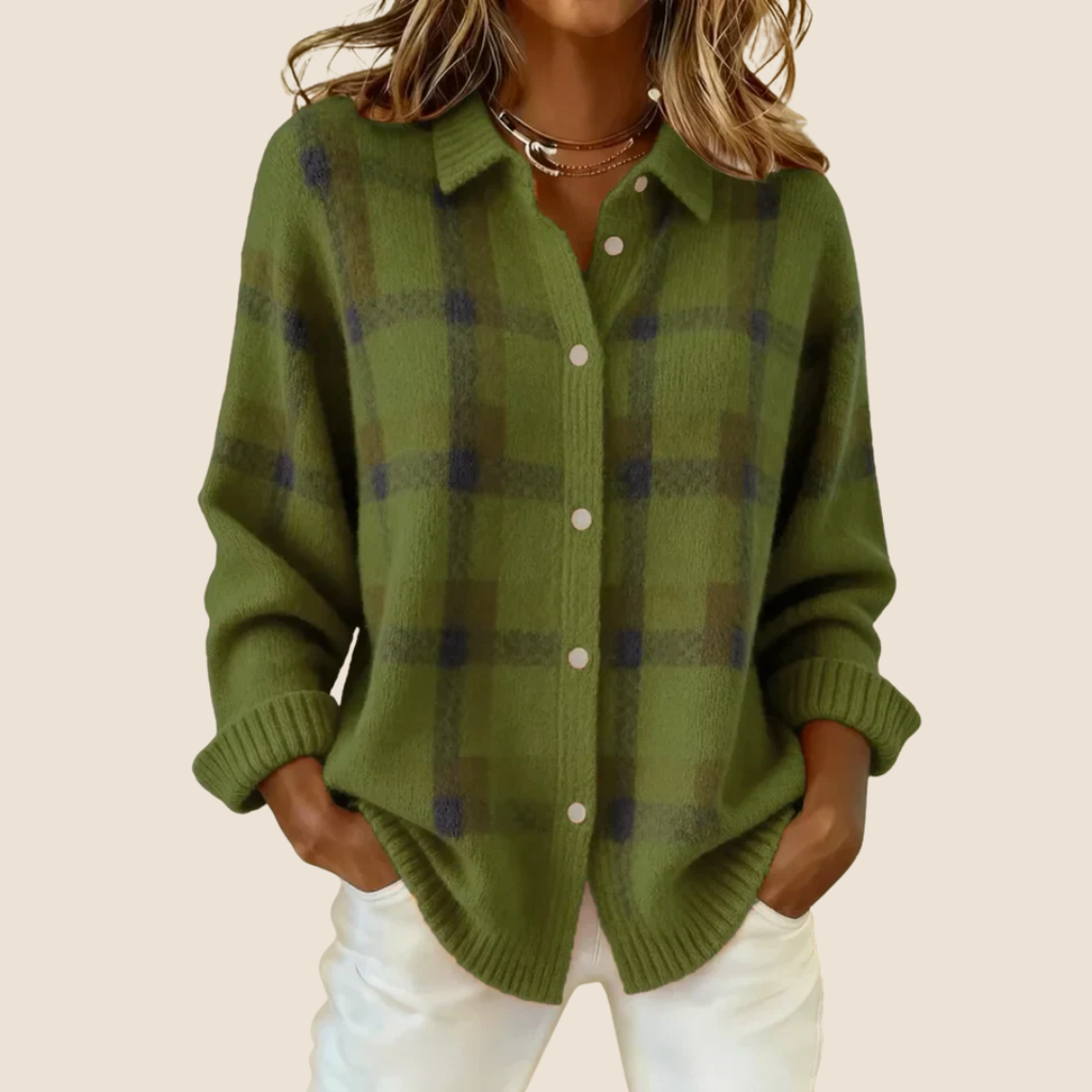 Femme Cardigan à Carreaux Rétro Tricoté Col Chemise Boutons Automne Hiver - Hiverline