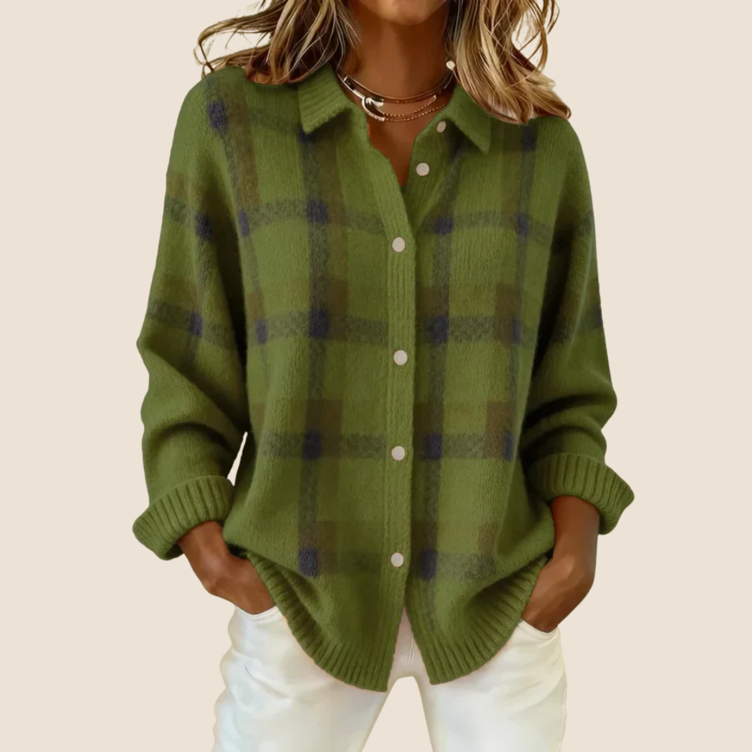 Femme Cardigan à Carreaux Rétro Tricoté Col Chemise Boutons Automne Hiver - Hiverline