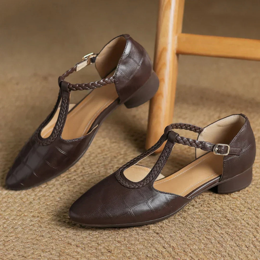 Femme Mary Janes Bride en T Tressée Plates Rétro Casual Bureau - Hiverline