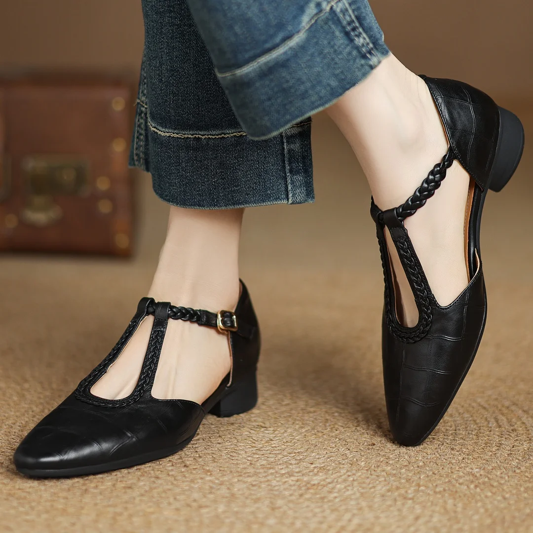 Femme Mary Janes Bride en T Tressée Plates Rétro Casual Bureau - Hiverline