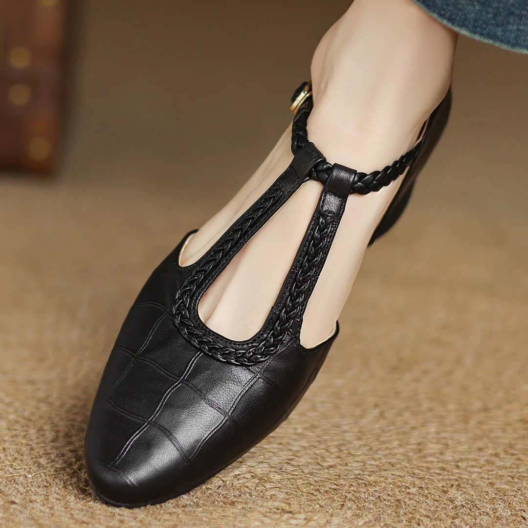 Femme Mary Janes Bride en T Tressée Plates Rétro Casual Bureau - Hiverline