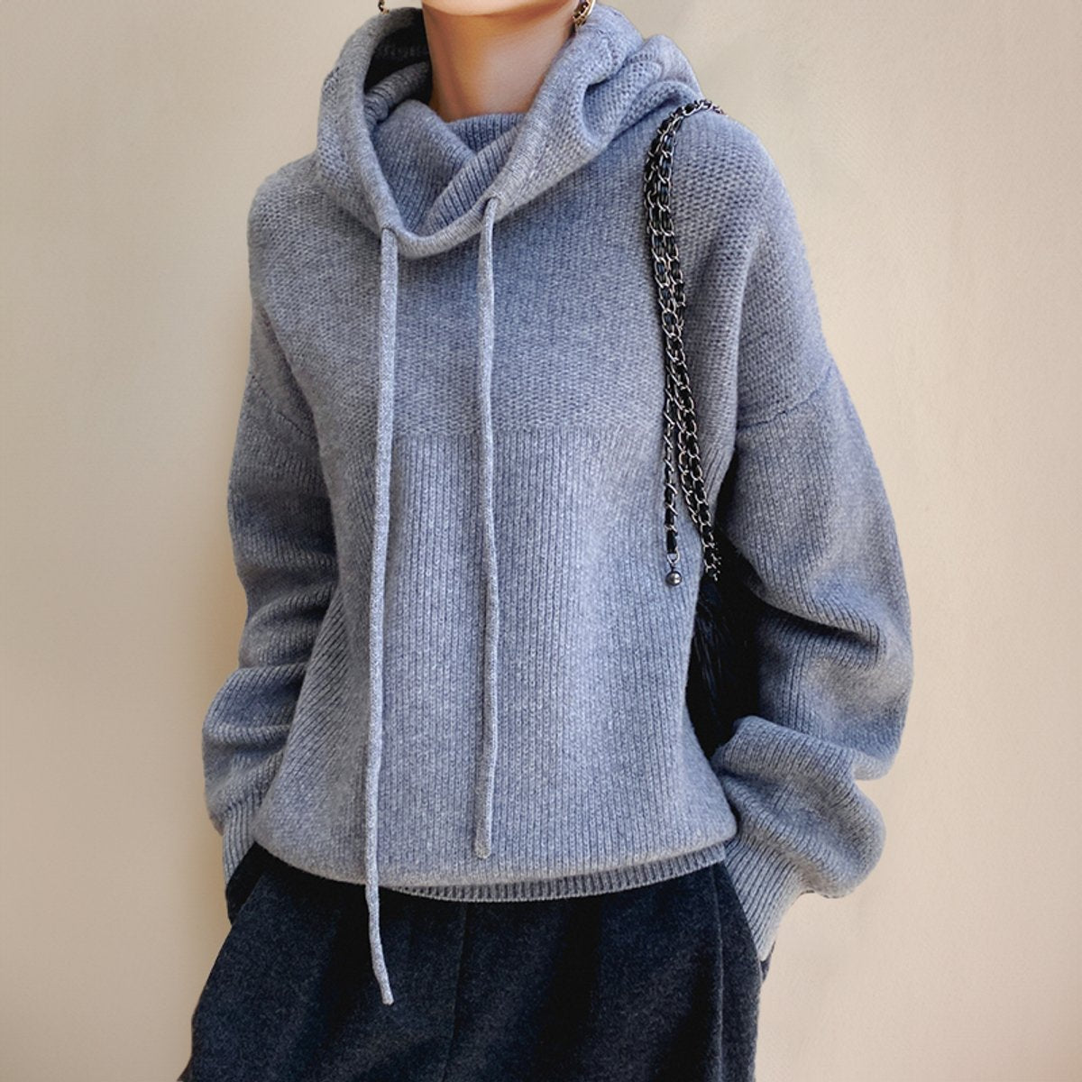 Femme Pull à Capuche Surdimensionné Tricoté Grosse Maille Col Roulé Casual Hiver - Hiverline