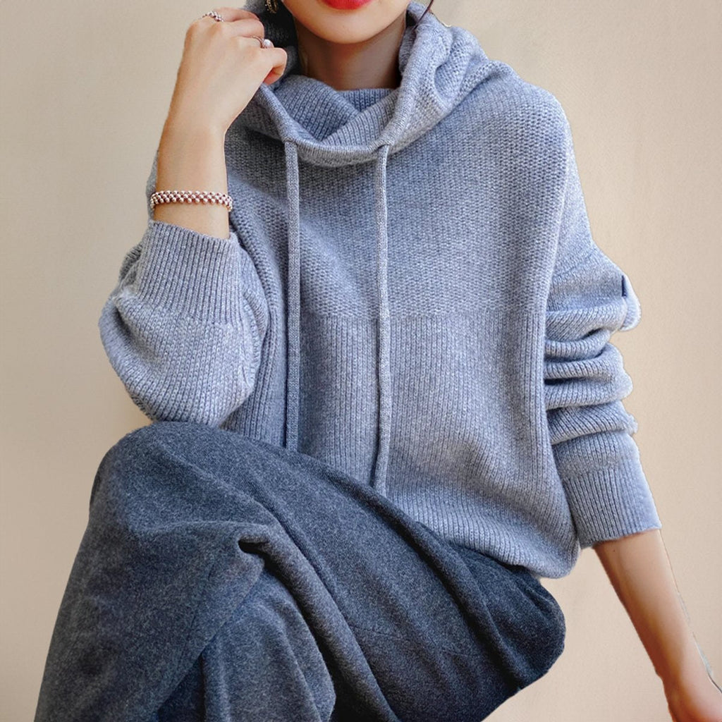 Femme Pull à Capuche Surdimensionné Tricoté Grosse Maille Col Roulé Casual Hiver - Hiverline
