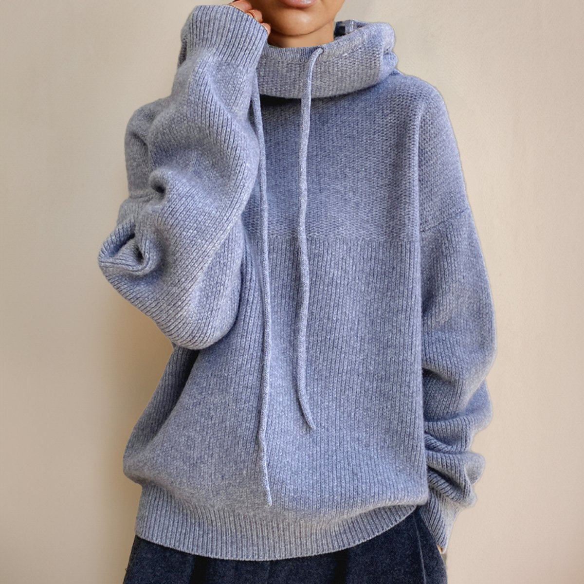 Femme Pull à Capuche Surdimensionné Tricoté Grosse Maille Col Roulé Casual Hiver - Hiverline