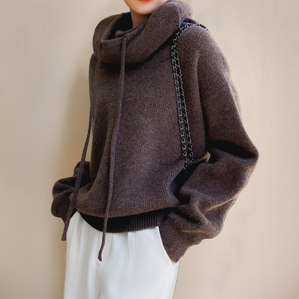 Femme Pull à Capuche Surdimensionné Tricoté Grosse Maille Col Roulé Casual Hiver - Hiverline