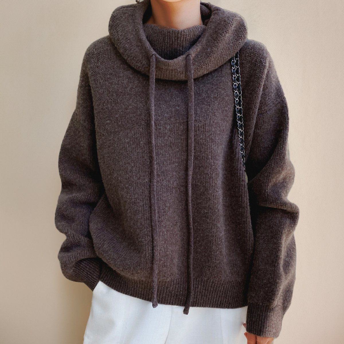 Femme Pull à Capuche Surdimensionné Tricoté Grosse Maille Col Roulé Casual Hiver - Hiverline