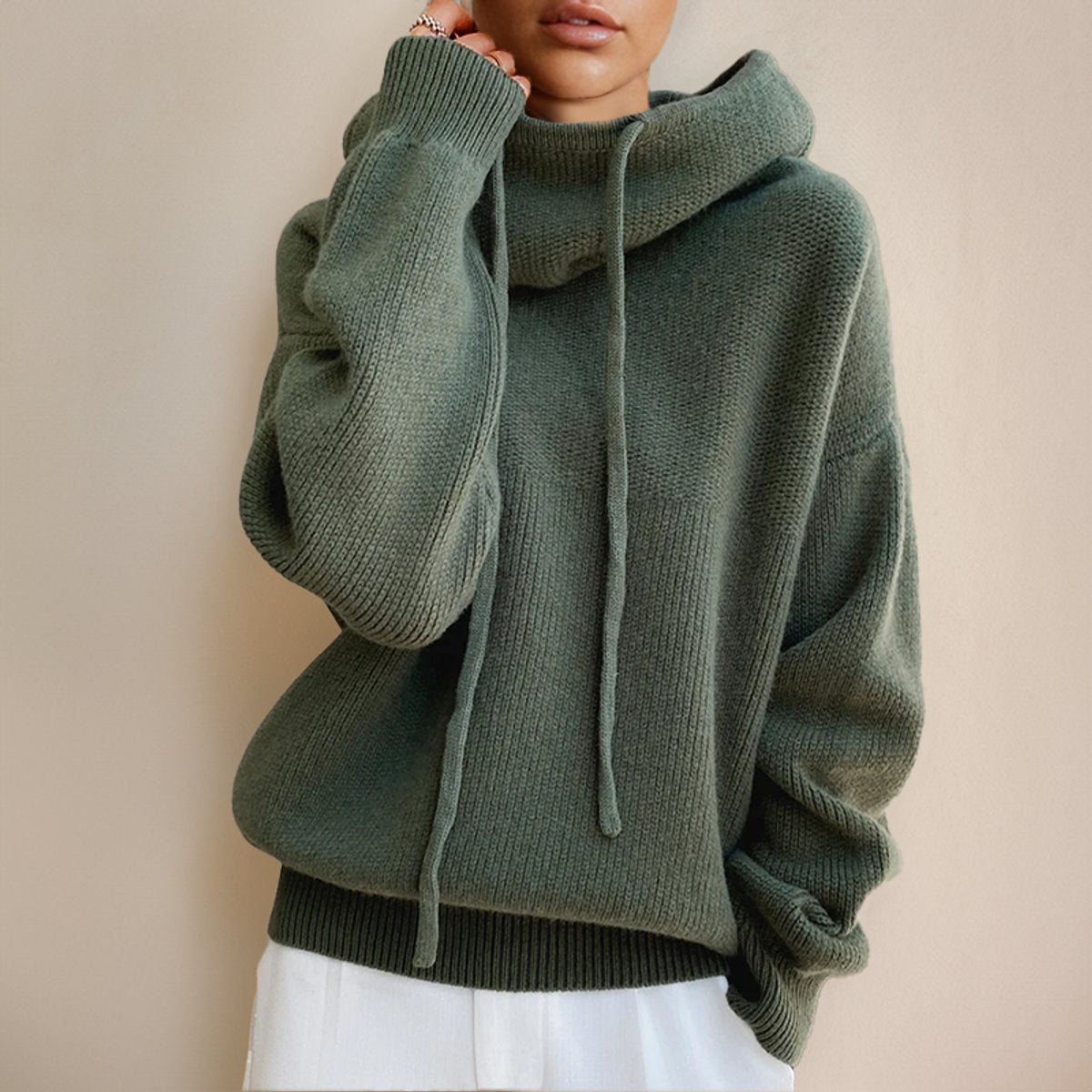 Femme Pull à Capuche Surdimensionné Tricoté Grosse Maille Col Roulé Casual Hiver - Hiverline