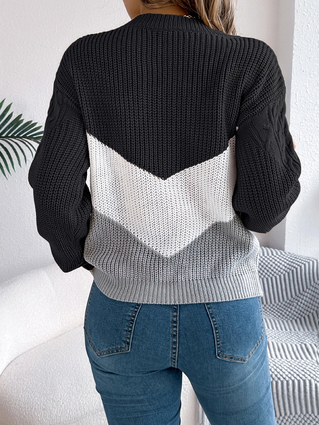 Femme Pull Tricot Chevron Col Rond Manches Longues Casual Hiver - Hiverline