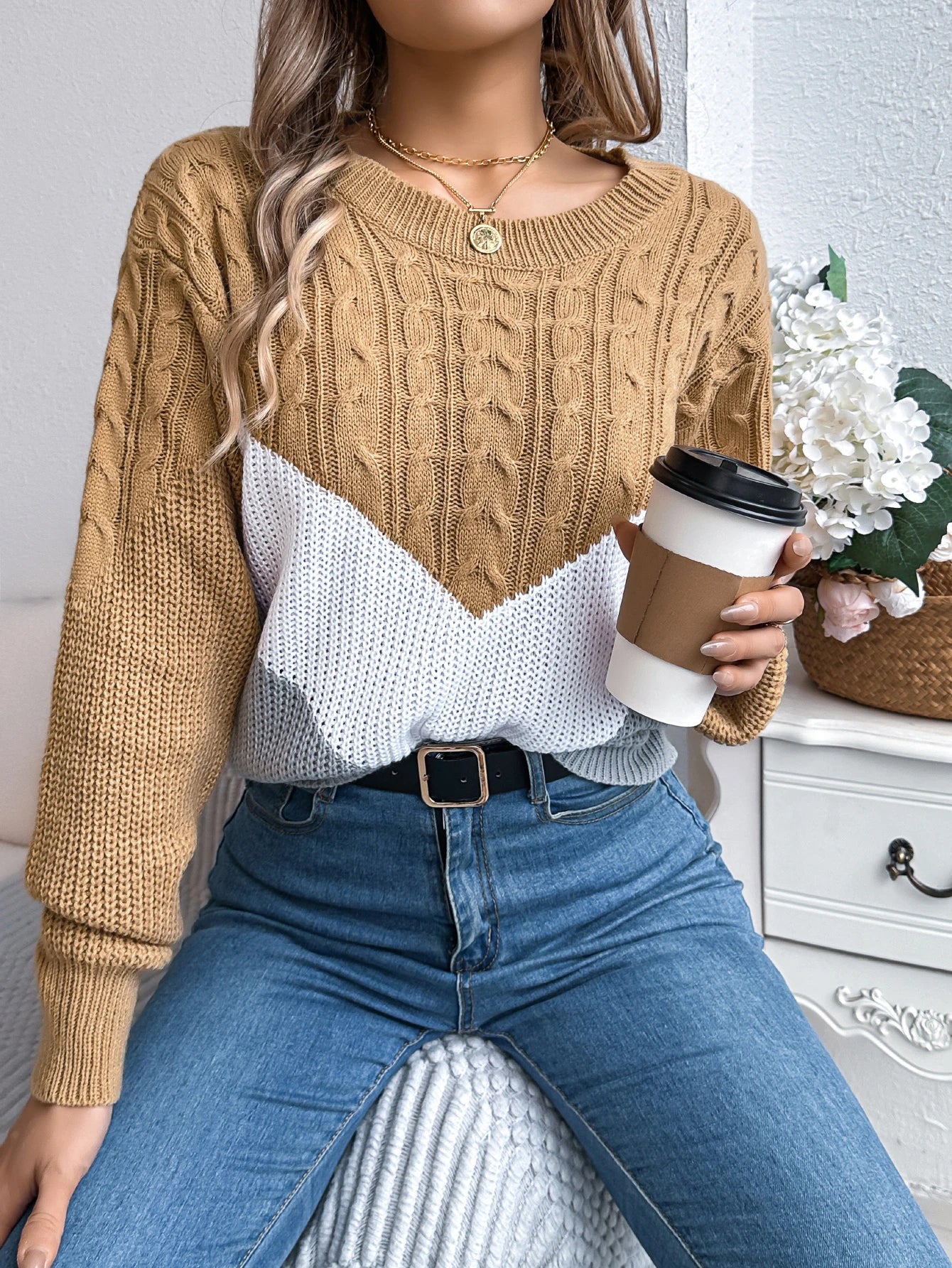 Femme Pull Tricot Chevron Col Rond Manches Longues Casual Hiver - Hiverline